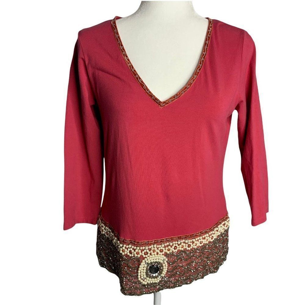 Moda International Beaded Knit Top M Pink 3/4 Sleeve V Neck Stretch Velvet Trim
